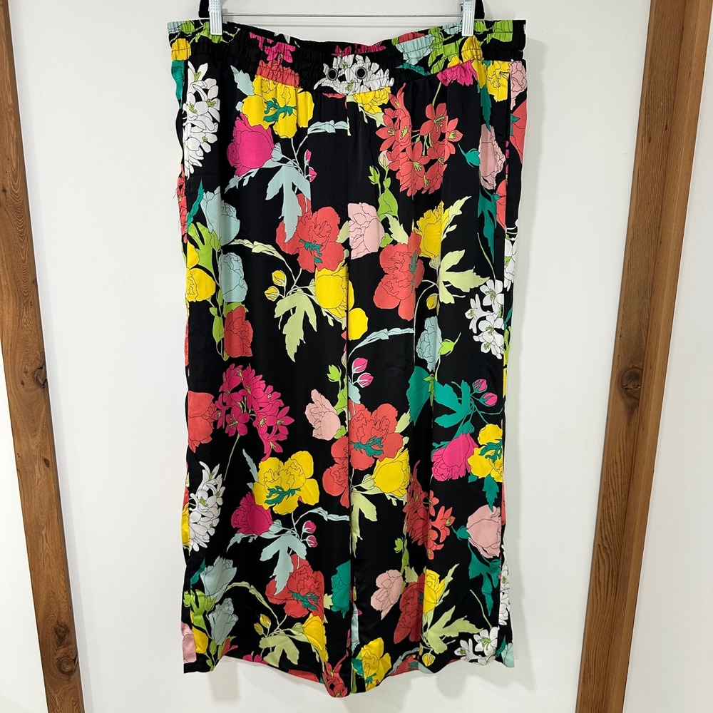 Roaman's Floral Wide Leg Pants Women 26W Black Multi Elastic Waist | Boho Core